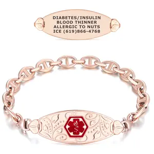 Custom Engraved PVD Rose Gold Compact Filigree H-Link Medical ID Bracelet