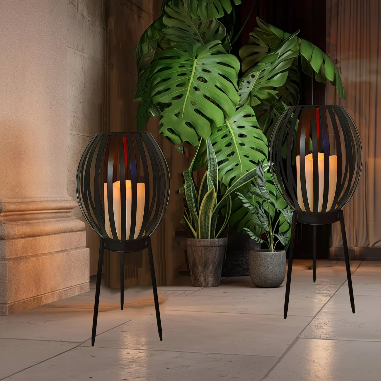 Solar home ambiance tripod with a black iron hollow shell for candle floor decoration; paired with an imitation candle LED light source that simulates candlelight effects. Suitable for home and garden layouts, terrace/balcony decor, outdoor camping atmosp