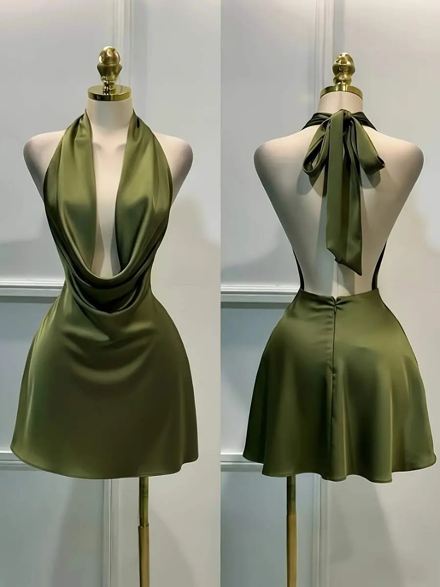 Sexy Halter Mini Dress for Women Plunging Neck Backless Summer Party Outfit Elegant Bodycon Dress