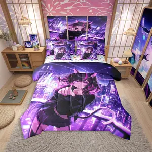 Kids Anime Girl Comforter Set,7 Piece,Japanese Anime Bed in A Bag,Cartoon Girl Bedding Comforter Set,for Boys Teens Bedroom Decor,Kawaii Japanese Animation Bed Set