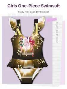 Girls' One-Piece Swimsuit, Anime Girl Pattern, Sleeveless Ruffle Design, Quick-Dry Swimwear, Cute Style, Perfect for Kids