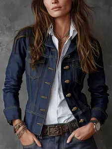 New Women's Jacket, Faux Denim Button-Up Casual Shirt, Perfect for Commuting Work, Plaid Pattern, Plain Design