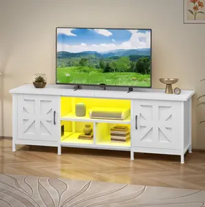 Farmhouse TV Stand with LED & Charging, Storage Cabinet and Shelves for TVs up to 70", White