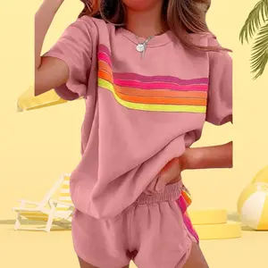 Rainbow Cozy Contrast Loungewear | Women's Casual Matching Set with Relaxed Fit | European-Inspired Color-Block Lounge Set | Breathable Home & Streetwear |