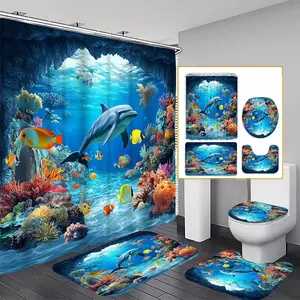 1/3/4PCS Ocean World Marine Life Shower Curtain Set, 71x71 Inches, Includes Background Pattern, Comes with 12 Hooks, 1/3/4pcs Options