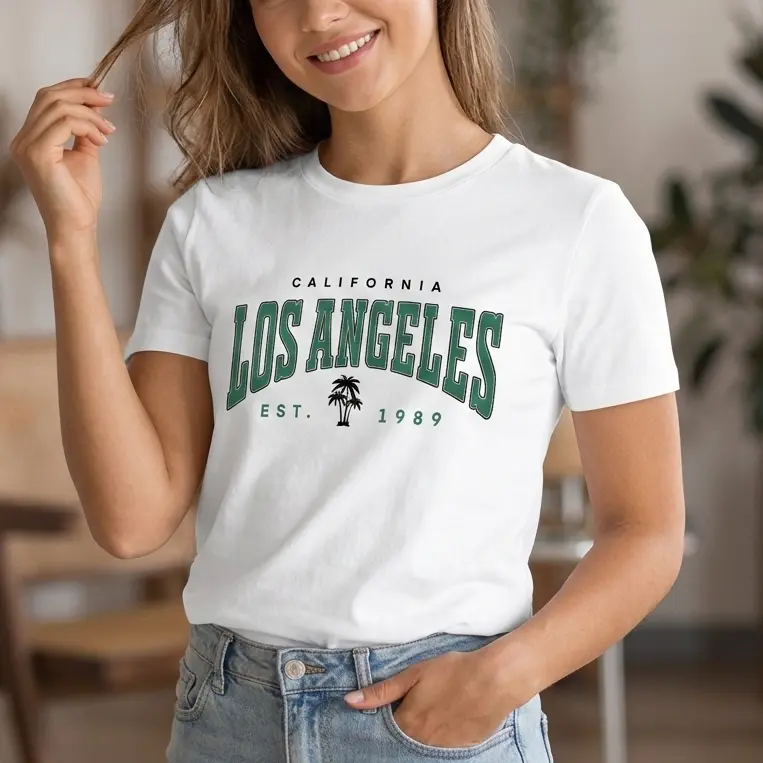 Men's Los Angeles Graphic T-Shirt in Slight Stretch Polyester Knit, a Casual Short Sleeve Drop Shoulder Top with Round Neck, Tshirt, Letters