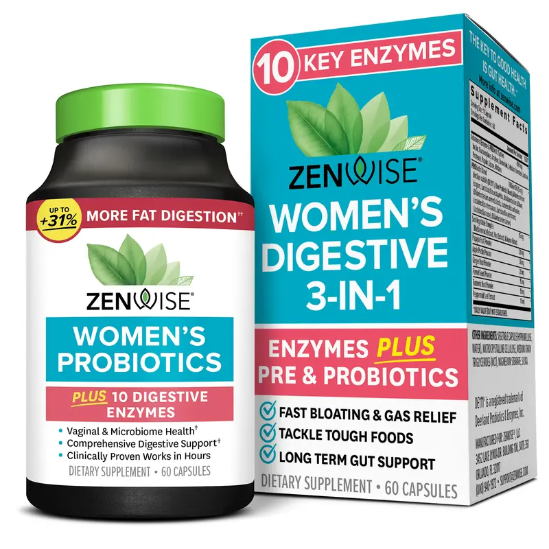 Zenwise Spring into Green Wellness: Women's Probiotic Digestive 3-in-1 Plus 10 Digestive Enzymes - Clinically Proven for Gut Health & Yeast Balance