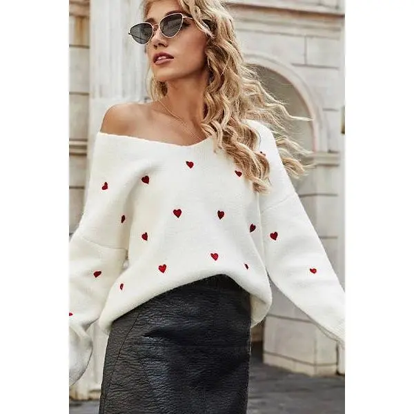 Woman's Valentine's White Heart Sweater