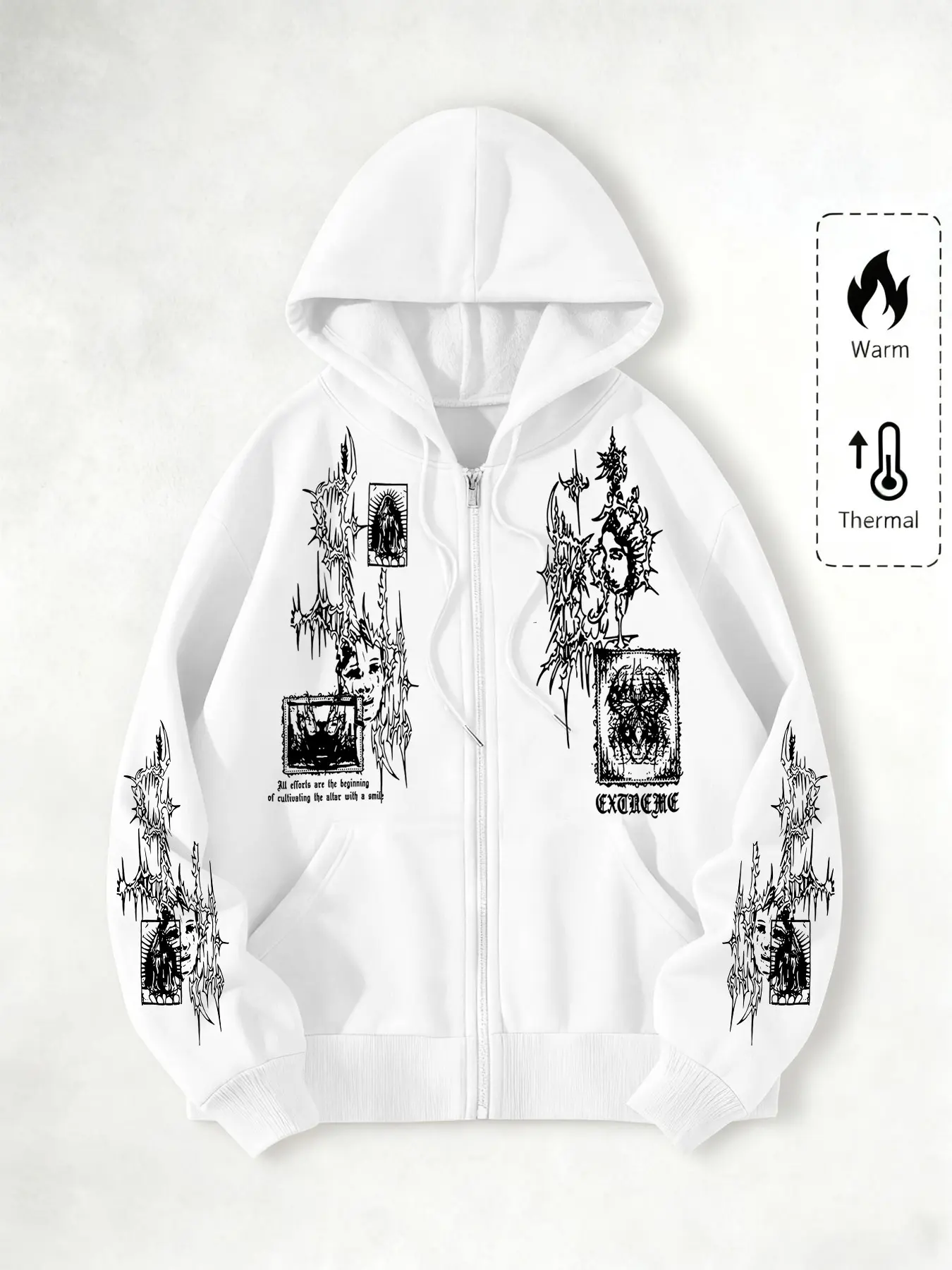 Gothic Style Fitted Hooded Sweatshirt Tops, Original Print Geometric Zipper Design, Streetwear Fashion for Casual Occasions, Perfect School Choice, Spring