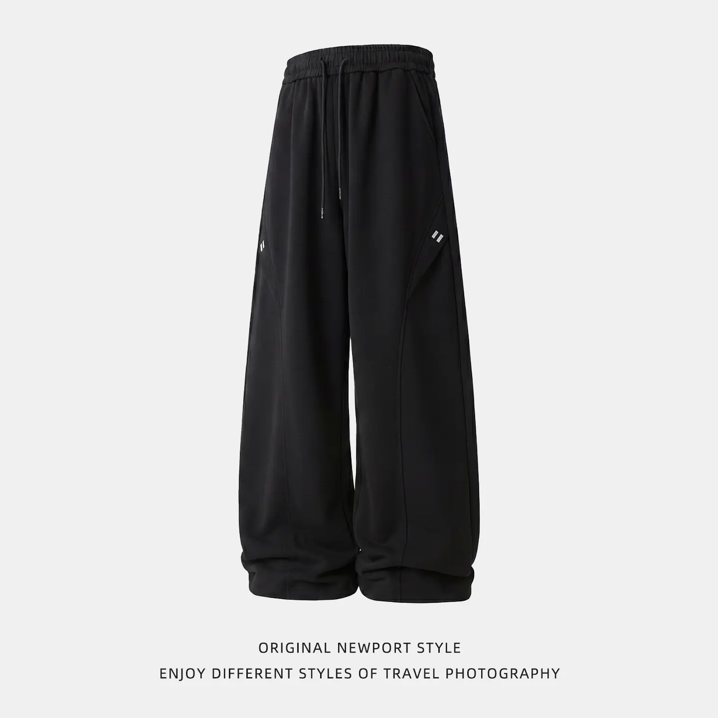 Men's Loose Wide Leg Sweatpants, Casual Elastic Waist Drawstring Trousers, Streetwear Baggy Jogger Pants with Embroidery Detail