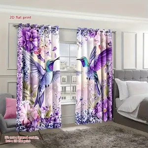 Dreamy Floral Hummingbird Wall Hanging, Thin Semi-Transparent Curtain, 2pcs, 2D Flat Print, Home Decor for Bedroom, Living Room, Kitchen, Cafe