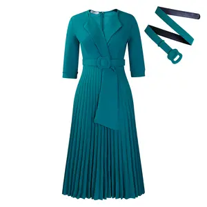 D3291 Teal Blazer-Collar Dress with 3/4 Sleeve Waist-Cinched & Pleated Maxi Skirt Interchangeable Belt for Formal Wear Plus Size Comfort