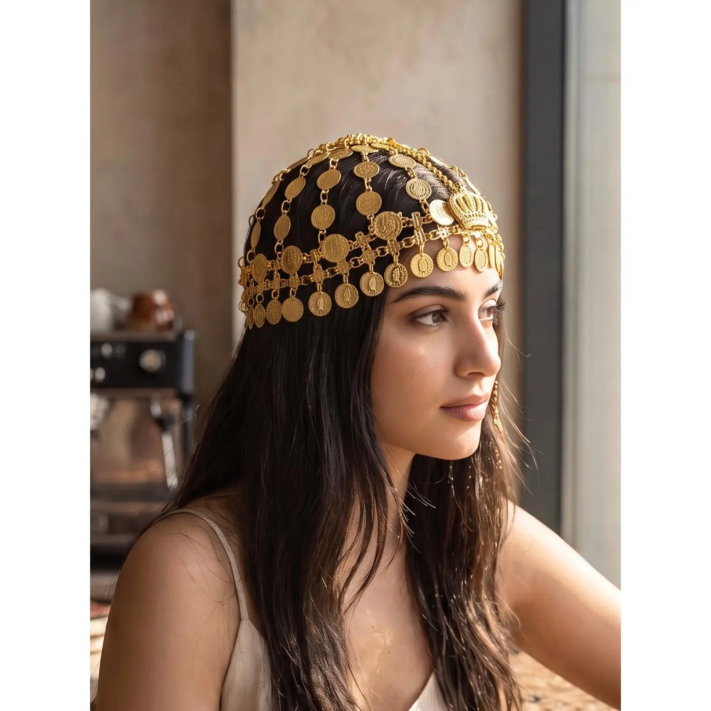 Gold-Tone middle eastern Coin Hat for Women – Traditional Bridal Head Cap, Festival Coin Headdress 7000
