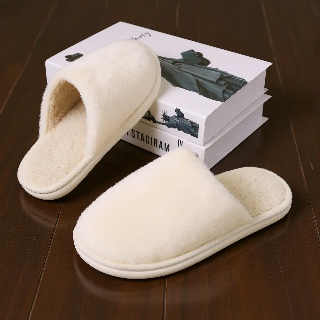 Women's Classic Plush Fabric Slippers, Slip On Style with Round Toe, Fur Lining, Memory Foam, and Non-Slip Sole, Warm Home Shoes, Ankle
