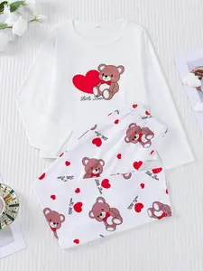 2 pieces of girls' and children's heart-shaped teddy bear printed round neck long sleeved pants pajama set with elastic waistband suitable for all seasons, comfortable and cute home wear Sleepwear Pajamas