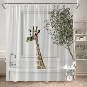 1Pc Giraffe Bath Curtain Polyester Fabric Bathroom Decor Funny Animal Theme Bathing Partition Hanging Shower Curtain with 12 Hooks 70.8x70.8 Inch Perfect for Home or Kids Bathroom