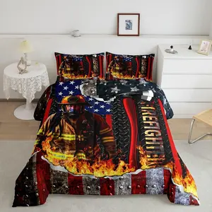 Firemen Boys Comforter Set,American Flag Geometric Stripes Firefighter Bedding Set,Boys Men Room Decor,Fire Fighting Truck Tools Down Comforter,Red Black Retro Duvet Insert