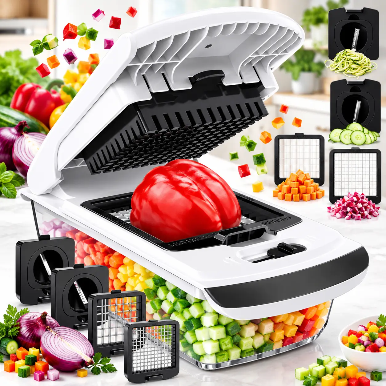 Pro Original Vegetable Chopper & Spiralizer, All-in-1 Kitchen Tool | Multi-Blade Veggie Chopper, 5-Cup Container Onion & Food Cutter Dicer Spiralizer Dishwasher Safe Kitchen Gadgets & Essentials