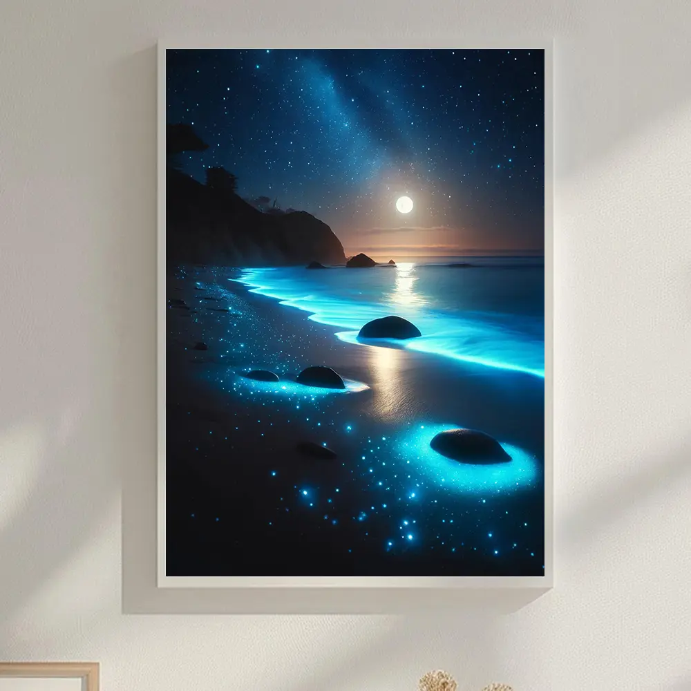5D Full Drill Diamond Painting Kit with Diamond Pattern Design, Non-Toxic Noctilucent Fairy Dust Embroidery Beach & Moon Scenery, Stress Reliever DIY Needlework for Adults, 12x16in Leisure Entertainment Decor for Dining Room