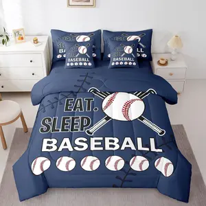 Feelyou Twin Size Baseball Printed Bedding Set - Includes Comforter, Sheets, Covers, Green Eat Sleep Baseball Themed Bed in a Bag for Boys