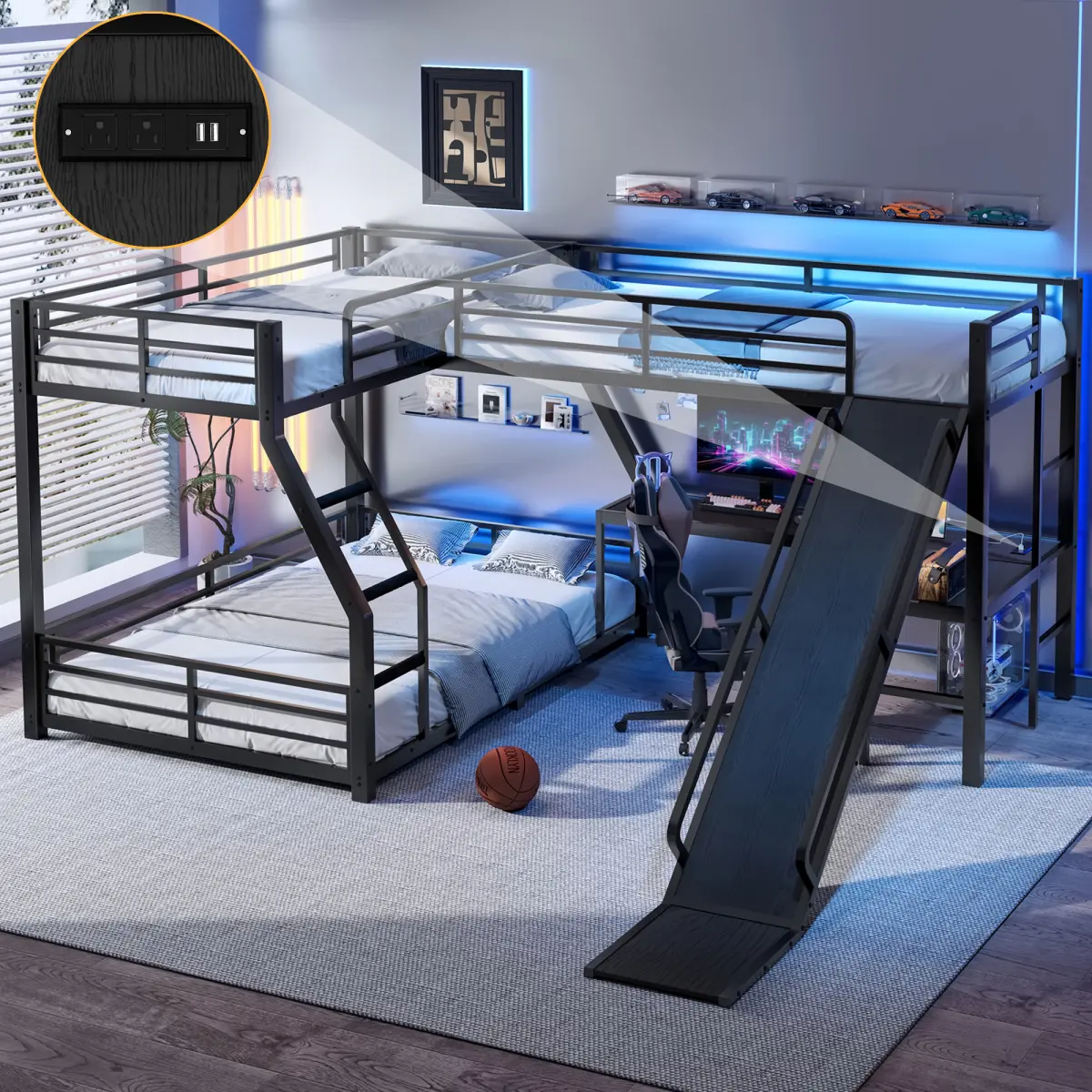 Black Metal L-Shaped Twin-over-Full Triple Bunk Bed Frame Combo with Twin Loft Bed, Slide, USB Ports, Sturdy Build, Space-Saving Design, Noise-Free Structure