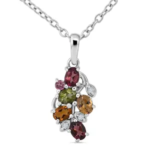 Premium Multi-Tourmaline and White Zircon 1.00 ctw Pendant Necklace in Rhodium Over Sterling Silver 20 Inches
