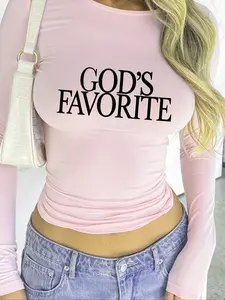 Women's Letter Print Round Neck Tee, Casual Long Sleeve Crew Neck T-shirt for Daily Wear, Ladies Clothes for All Seasons