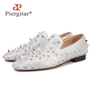 Handcrafted Luxury Gold or Silver Spikes and Diamonds Men's Glitter Leather Loafers Suitable for Banquet and Wedding