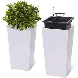 22.4" Tall Planter with Water Level Indicator, White Square Front Porch Flower Pot with Liftable Inner Bucket, Water Injection Port & Porous Drainage Design for Indoor Outdoor Home Garden