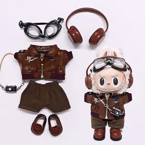 Labubu Doll Clothes 6Pcs Set – Fashion Glasses, Leather Jacket Set, Headphones, Shoes & Camera Accessories (Labubu Not Included)