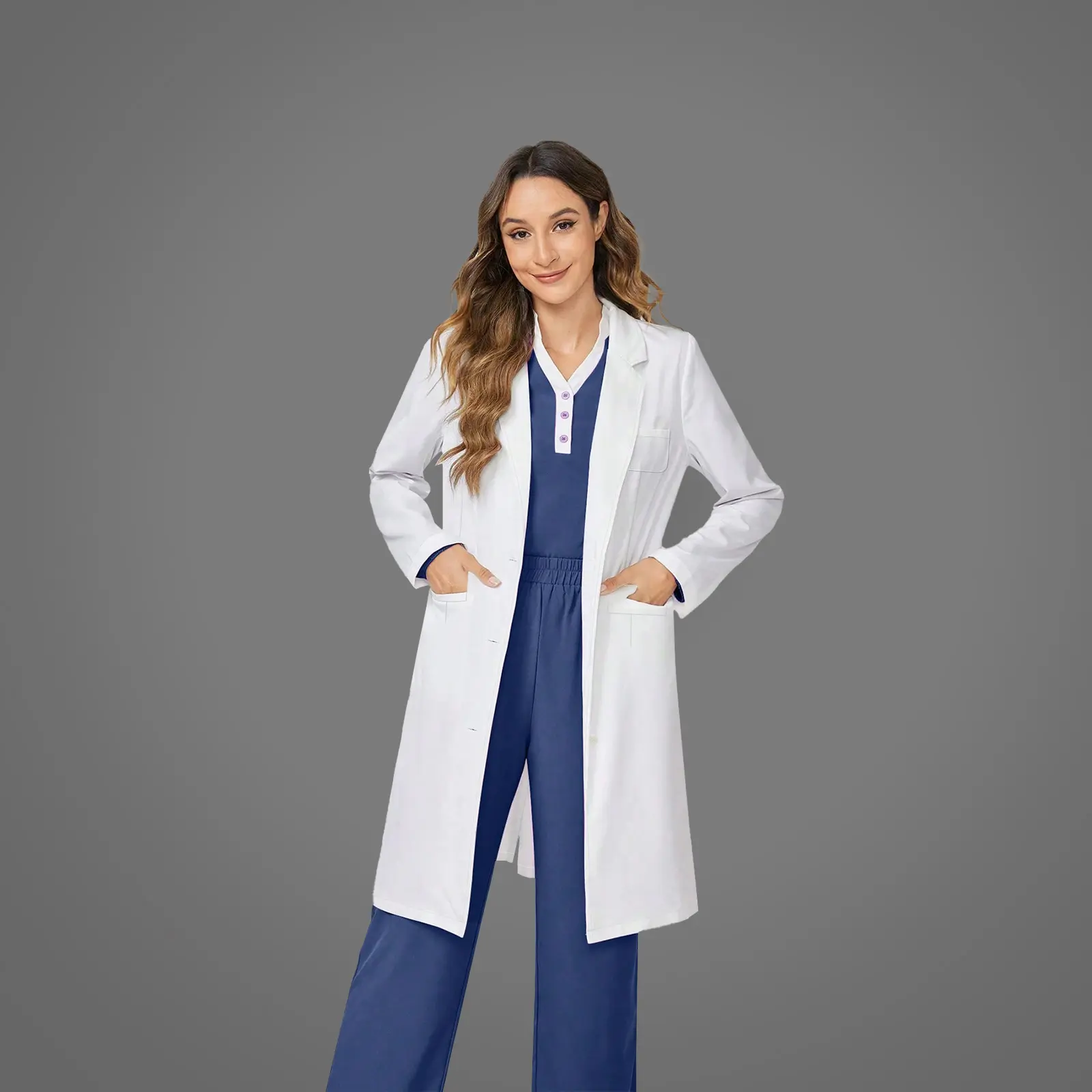 Cimmuovere Women's & Men's White Woven 100% Polyester Long-Sleeved Nurse Scrubs Set with Pockets Regular Fit for Dental Care Pet Hospital Laboratory Medical Uniform