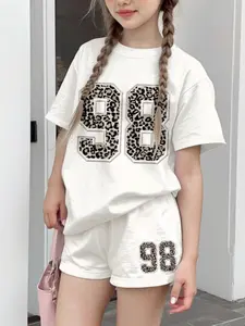 Teen Girls Leopard Print Set, Casual Round Neck Short Sleeve Top & Shorts, All-Season Fitted Design, Youthful Style