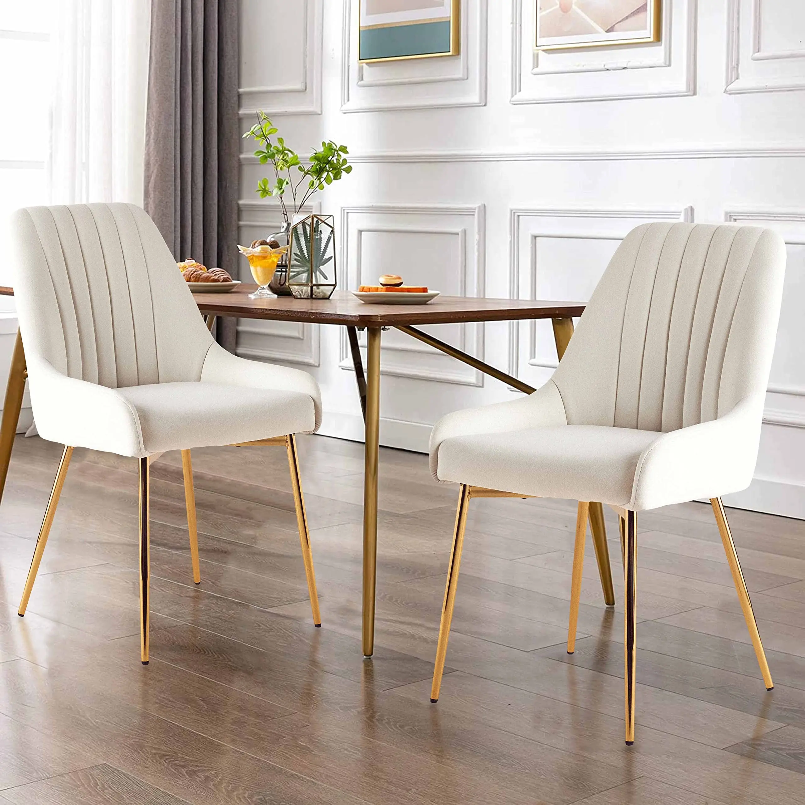 MOJAY Velvet Dining Chairs Set of 2-4, Modern Dining Room Chairs with Gold Metal Legs, Upholstered Kitchen Armless Chairs, High Quality Fabric, Ergonomic Design, Comfy Vanity Chairs for Living Room