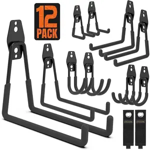 12 Pack Heavy Duty Garage Wall Storage Hooks Includes 2 Extension Cord Holders, Utility Wall Mount Hangers for Hanging Bike, Ladder, Garden Tools