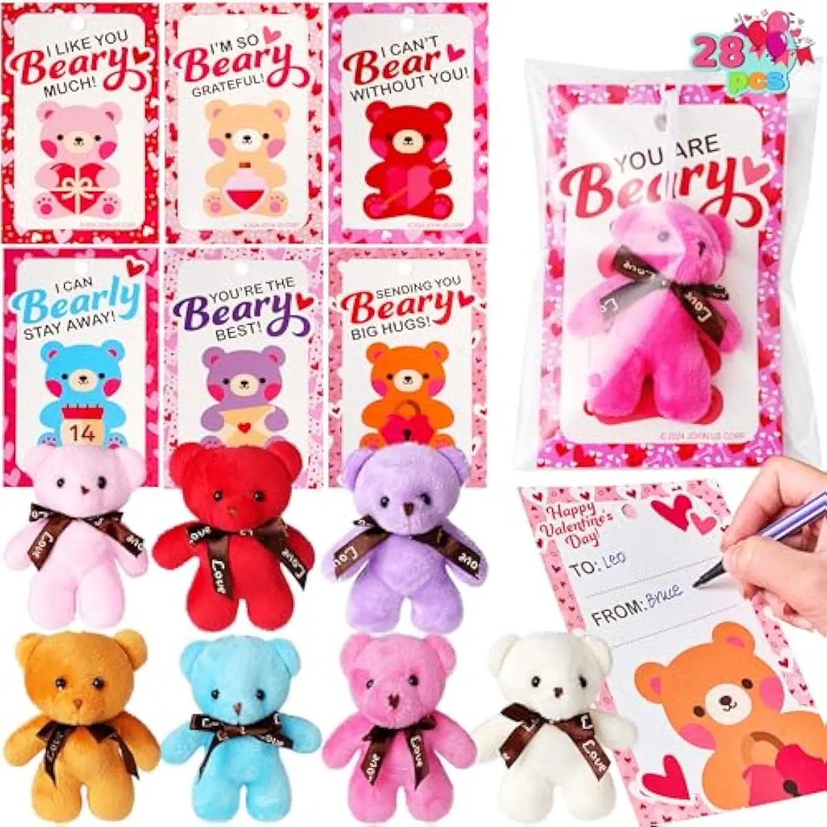 28 Pack Valentine's Day Mini Plush Toys with Gift Cards, Mini Keychains for Valentines Party Favor, School Exchange Prize and Valentine's Classroom Gift Exchange