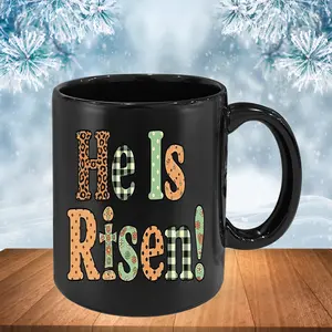 He Is Risen Black Coffee 11oz & 15oz Mug, Aesthetic Patchwork Lettering Easter Gift, Western Doodle Christian Mug for Women, Religious Resurrection Sunday Coffee Cup, Leopard Print and Floral Faith Mug