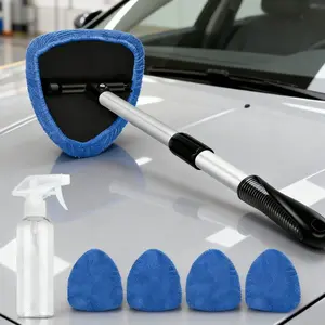 Extendable Handle Car Window Windshield Cleaner Kit, 4 Reusable Microfiber Pads Air Vent Brush Spray Bottle Squeegee, Universal Car Gadgets, Auto Interior Exterior Home Office Cleaning Supplies Home Essentials