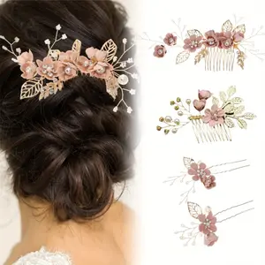 4Pcs Pearl Floral Leaf Hair Accessories, Wedding Hair Clip Comb, Handmade Bridal Hair Clip, for Women Wedding Christmas Halloween Party