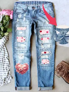 Women's Patch Ripped Distressed Mid-Waist Boyfriend Fit Washed Cute Print Loose Denim Jeans Elastic Waistband Breathable Comfy for All Seasons