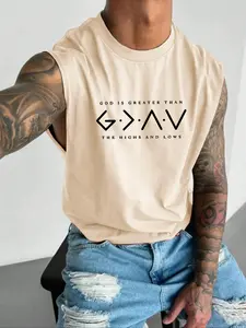 Summer Trendy English Print Sleeveless Vest, Loose Breathable Waistcoat, Streetwear Fashion for Men, Sporty Casual