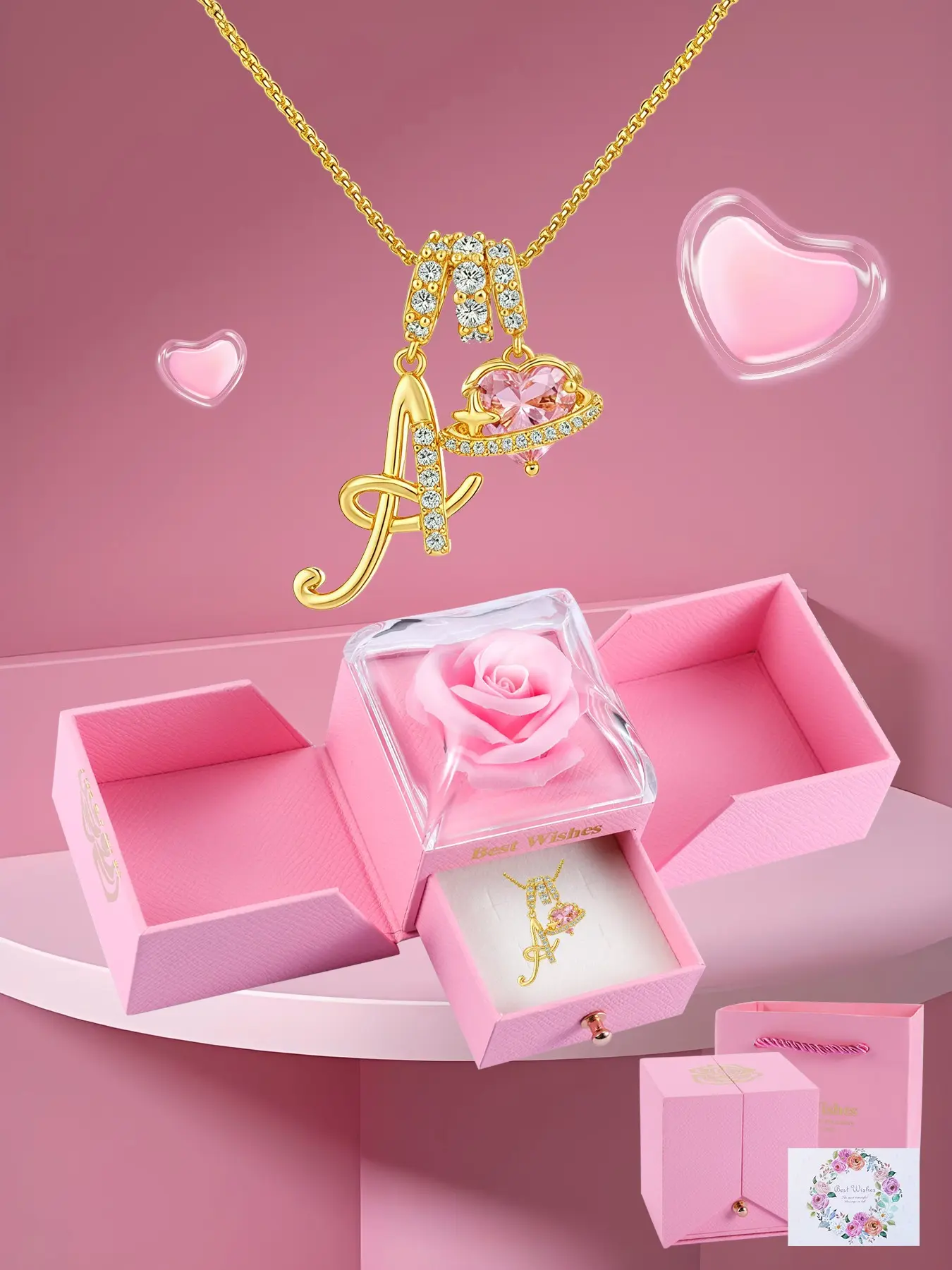 Mother's Day Gift Rose Jewelry Gift Box With Alphabet Initial Heart Necklace for Women, Valentine's Day Wedding Anniversary Jewelry Gift for Girlfriend Wife, Birthday Christmas Gift for Daughter Mom