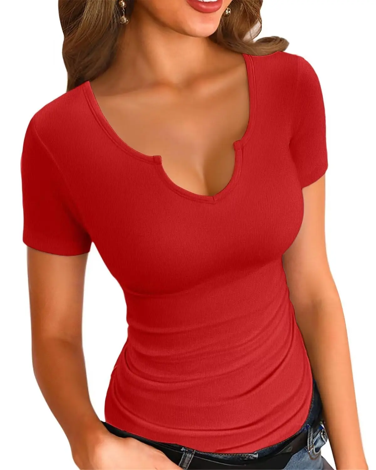 VAFFUL Womens Tops V Neck Summer Short Sleeve Casual Slim Fitted Tshirt