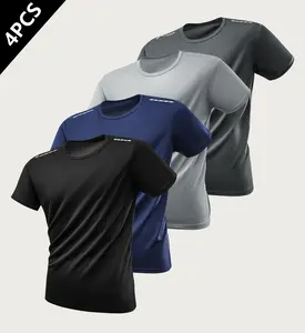 4-piece set / Men's ultra-thin sports short-sleeve lightweight energetic top, round-neck T-shirt, suitable for running, fitness, and exercise
