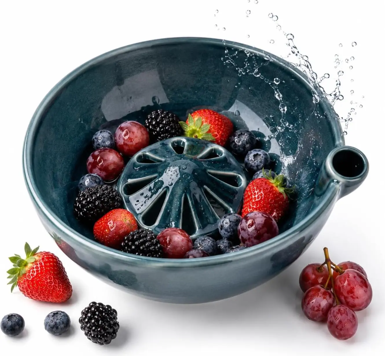 Self-Spinning Berry Washing Bowl, Berry Bowl with Raised Center and Drainage Holes,Fruit Rinse Colander for Strawberries,Blueberries,Grapes,Cherry Tomatoes and Small Produce