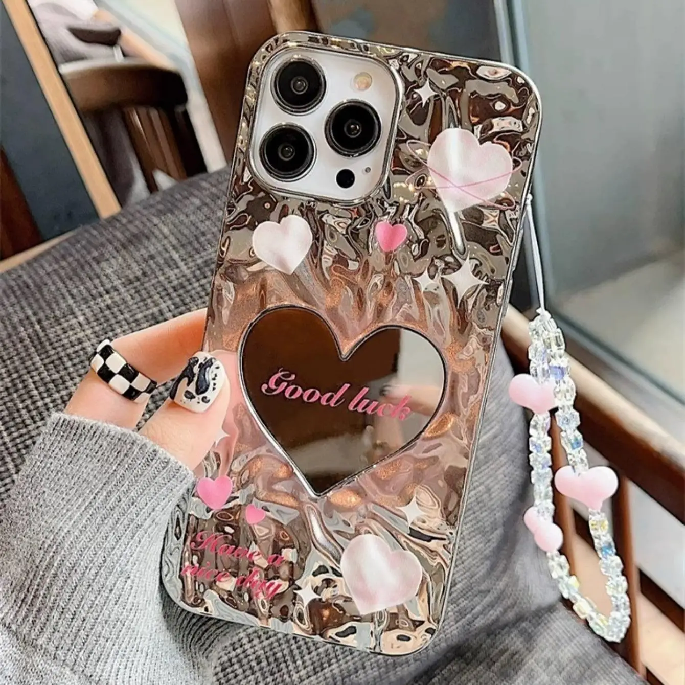 Heart Mirror Design Phone Case With Lanyard, Fashionable Ruffled Heart Mobile Phone Case, Decorative Phone Protective Cover Compatible With 8 XR 11 12