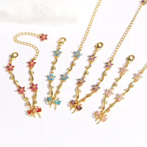 Adorable Sweet Exquisite Zircon Bow Bracelet Jewelry Fashion Leaf Flower Pendant Bracelet for Women