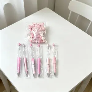 6PCS Pink Gradient Acrylic Bow DIY Beaded Ballpoint Pens Set, Retractable Rotating Decorative Bead Pens, Girly Cute Stationery for Office School Journaling Girls Gift