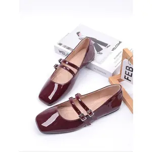 Women's classic French leather flat shoes, spring and autumn new design, square toe flat shoesGift