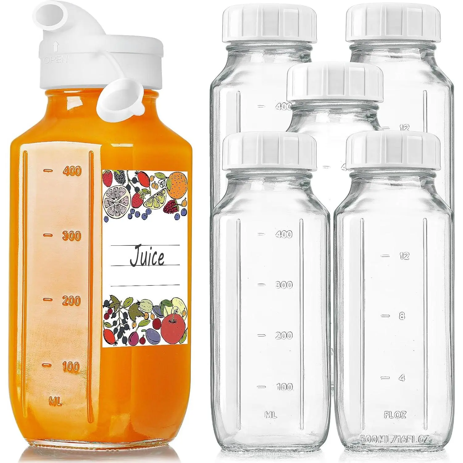 6 Pack 16 Oz Glass Juice Bottles with Pour Spout, 100% Airtight Heavy Duty  SCREW Lid-