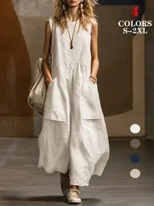 2026 Women's Loose Fit Linen Dress Sleeveless 3D Pockets Casual Breathable Lightweight Summer Dress for Daily Wear Office Commute Vacation Brunch Outdoor Weekend Wear